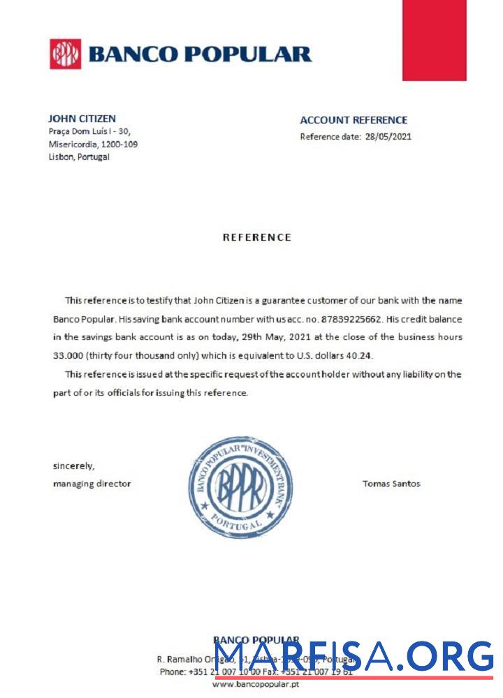 Downloadable Portugal Banco Popular reference sample